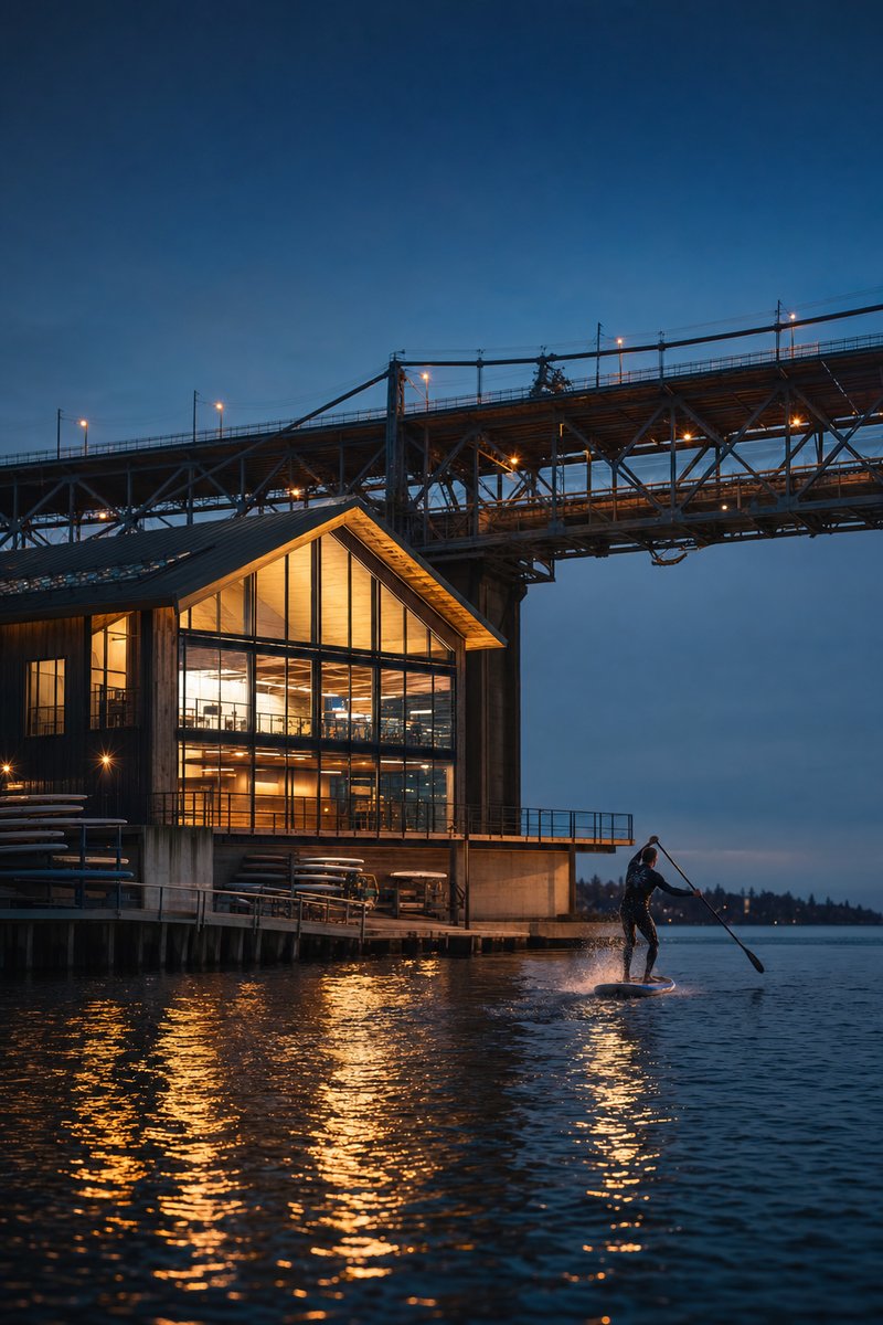 Modern gebouw van een watersportcentrum onder een grote stalen brug, verlicht in de avondschemering