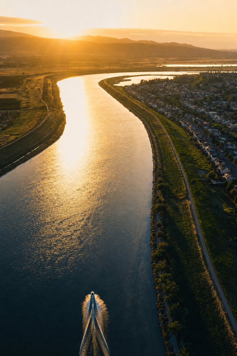 Luchtfoto van een rivierkanaal dat goudkleurig oplicht in de avondzon, omgeven door groen