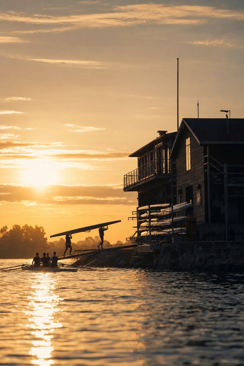 Houten botenhuis aan het water bij zonsondergang, met een rek roeiboten ervoor