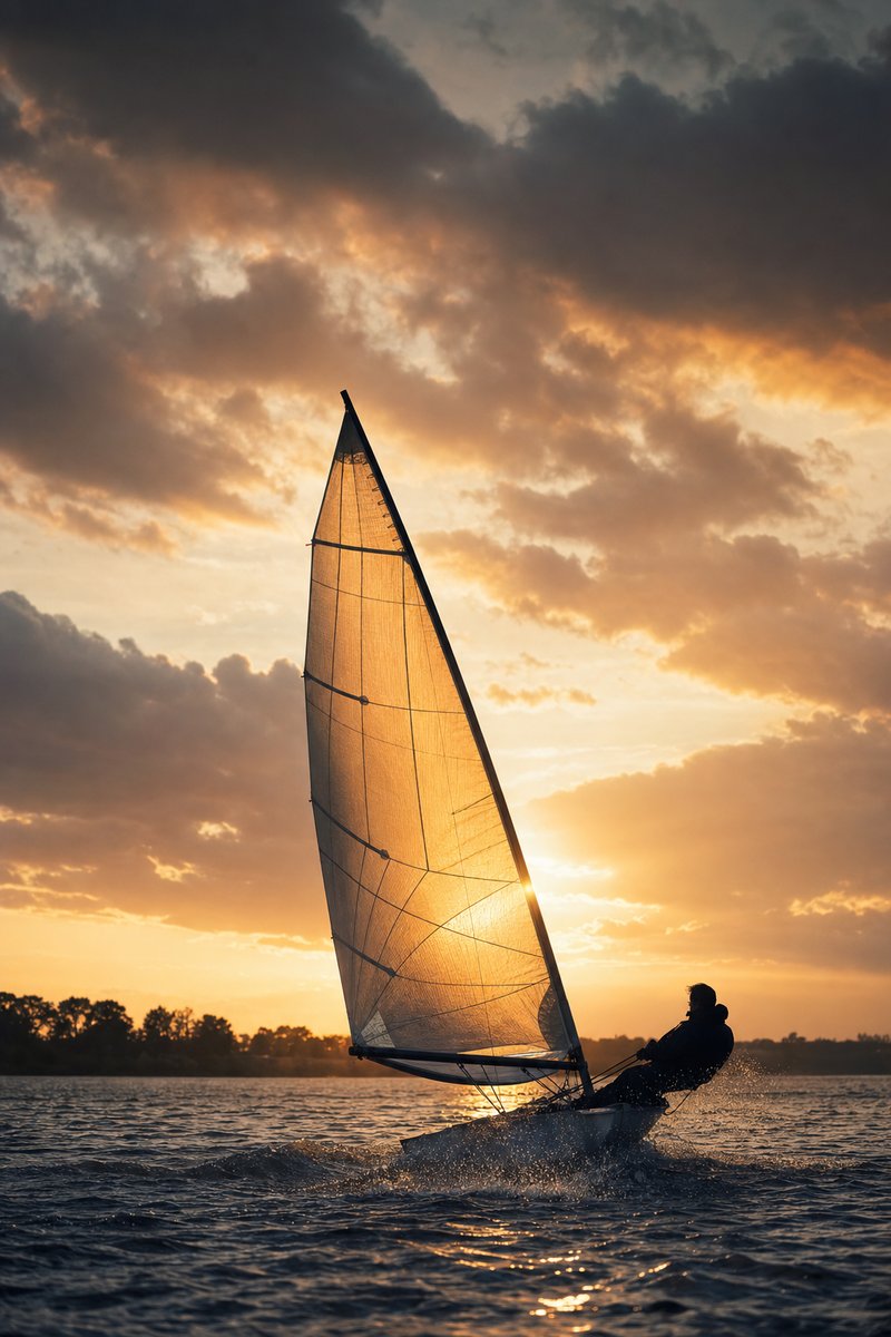 Silhouet van een zeilboot met een bolstaand zeil tegen een kleurrijke avondlucht